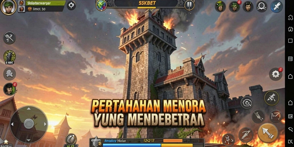 Screeshot gameplay 55KBET menampilkan aksi menara mempertahankan wilayah dari serangan musuh.
