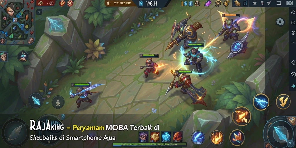 Screenshot gameplay RAJAKING, menunjukkan aksi seru dalam pertarungan tim MOBA.