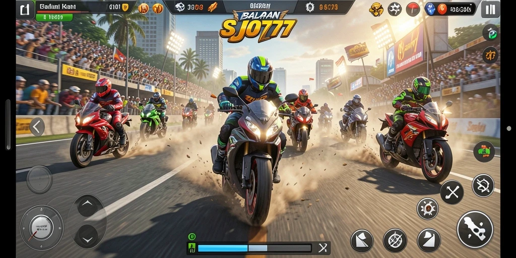 Tampilan gameplay SJO777 yang mendebarkan dalam balapan motor.